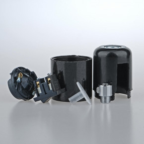 Bakelit-Kippschalterfassung E27, schwarz, mit Messing Zugentlaster verchromt