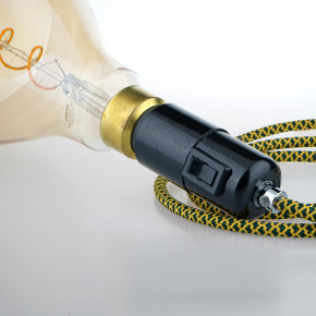 Bakelit-Kippschalterfassung E27, schwarz, mit Messing Zugentlaster verchromt